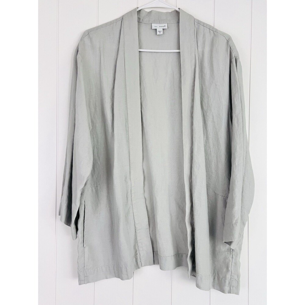 Pure Jill 100% Linen Gray LIghtweight Breezy Open Blouse Lagenlook Resort Med